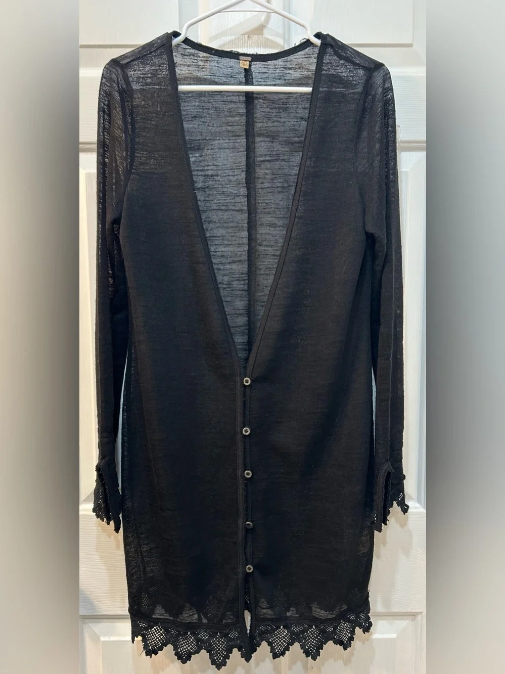 Free People Linen Infused Crochet Lace Trim Cardigan‎ Size M Dark Fairy Gothic